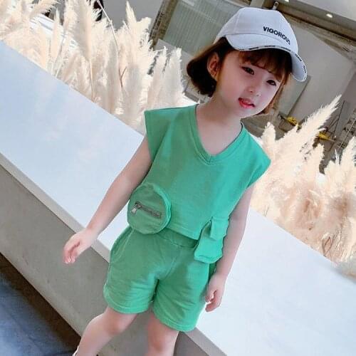 Sleeveless Shirt with Pocket and Shorts Suit for Kids 2021 Casual Summer Two Pieces Clothing Sets V-Neck Childrens Tracksuit