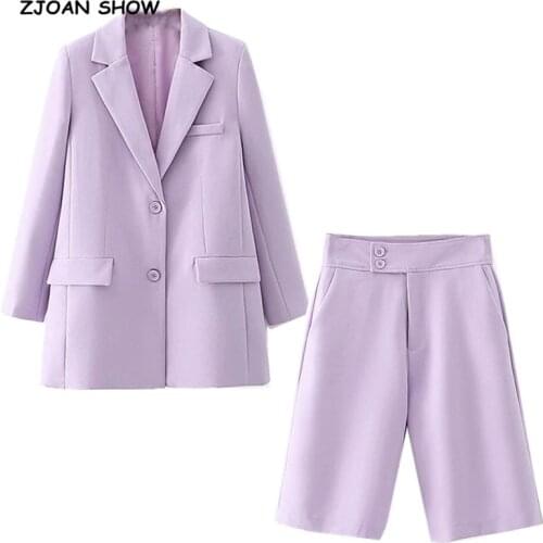 2020 Autumn 70s Boyfriend Women Long Blazer Lavender Loose High Waist Knee Length Wide Leg Pants Long Sleeve Suits 2 Pieces Set