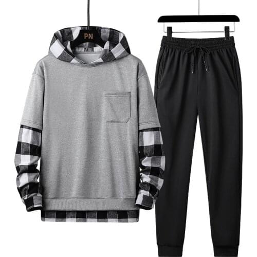 Spring Autumn Mens Set Tracksuit Men Plaid Patchwork Hoodies + Pants 2 Pieces Set Fashion Studen Sports Suit Streetwear 4XL