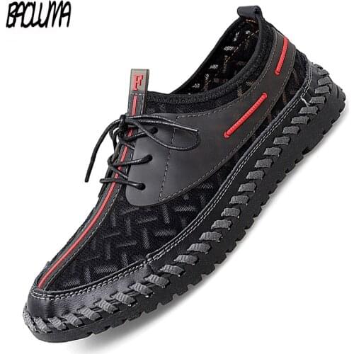 Summer Mens Casual Shoes Leather Breathable Mesh Mens Sneakers Brand Lightweight Shoes Denim Outdoor Moccasins Male Footwear