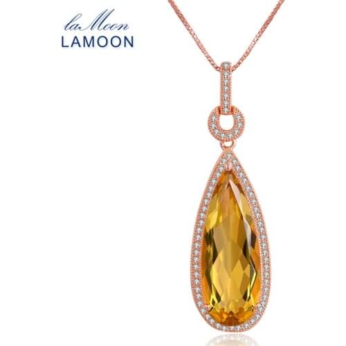 LAMOON Luxury Natural TearDrop Citrine 925 Sterling Silver Chain Pendant Necklace Women Jewelry S925 LMNI042