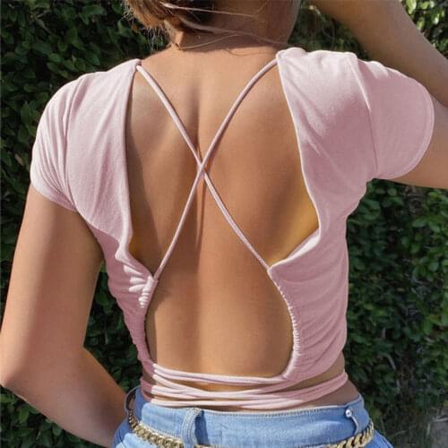 Rainbowwaves Open Back Sexy Crop Tops summer Women Ladies Bandage Lace-up Backless White Basic Pullover Tank Top Slim Halter Top