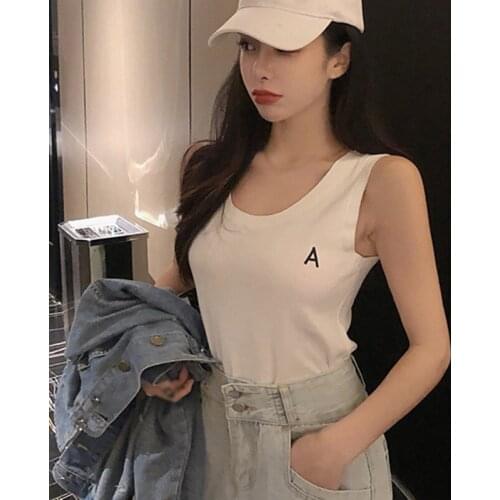 Women Korean Style Vest Solid Color Letter Print Camis Summer Ladies Casual White Tank Tops 2021
