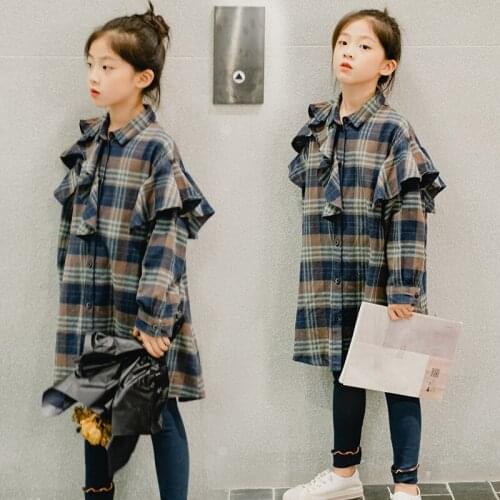 Fashion Autumn 2020 Long Plaid Blouse Dresses For Girls Green Cotton Ruffles Shirts Casual Teenage School Dress Kids Blouses