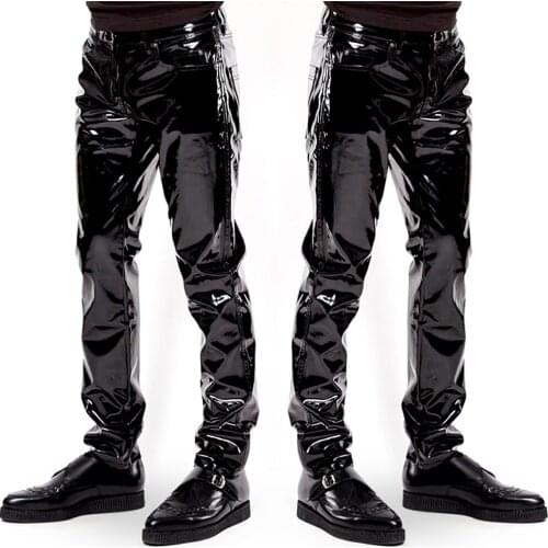 Men Sexy Black Wetlook Faux Leather Pants Motorcycle Ridding Men Skinny Exotic Pants PU Latex Catsuit Zipper PVC Stage Clubwear