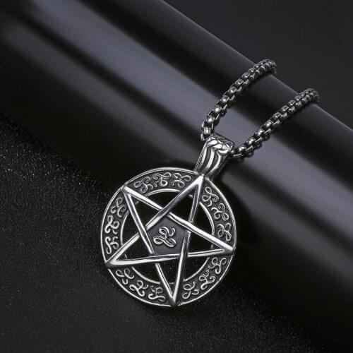 Mens Punk Celtic Wicca Pentagram Star Amulet Pendant with 316L Stainless Steel Chain Necklace Jewelry