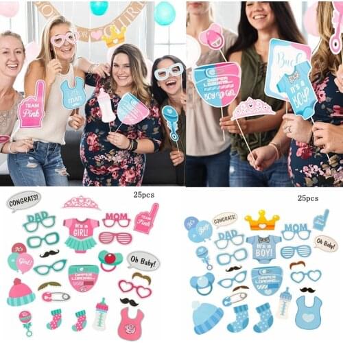 25pcs Baby Photo Booth Props Baby Shower Gender Reveal Party Boy or Girl Photo Booth Props Kit On A Stick Birthday Party Supply