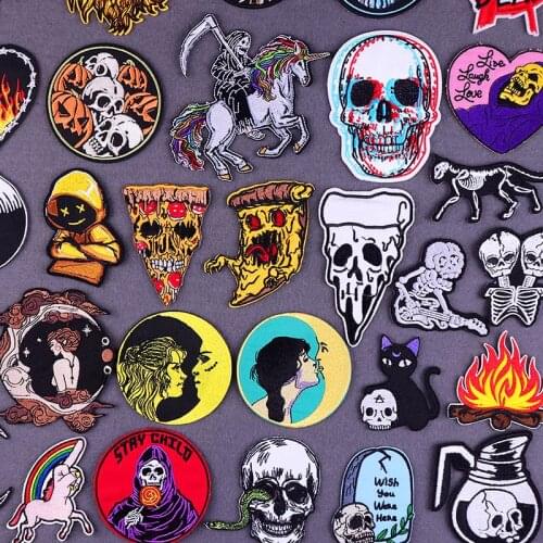 DIY Hippie Embroidery Patches On Clothes Skull Metal Badge Iron On Patches For Clothing Stickers Applique Biker Iron On Patch