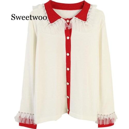 2020 New Spring Autumn Fashion Women Sweater Mesh Stitching Stripes Beads Coat Knitting Thin Fashion Long Sleeves Cardigan