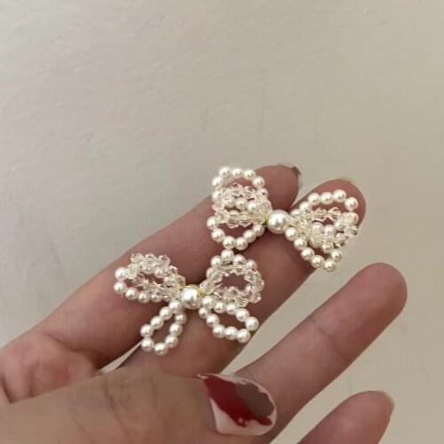 New Korean Sweet Temperament Bowknot Stud Earrings for Women Girl Handmade Pearl Beads Statement Earring Party Jewelry Gift