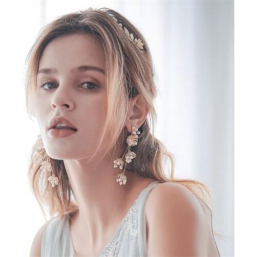 Original Handmade Golden Flower Leaf Pearl Headband, Drop Earrings, Bridal Headband Set, Wedding Hair Accessories Bridal Jewelry