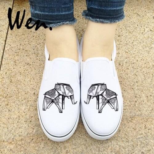 Wen Original Design Creative Flexagon Paper Folding Elephant Figure Slip On White Black Plimsolls Unisex Canvas Rubber Sneakers