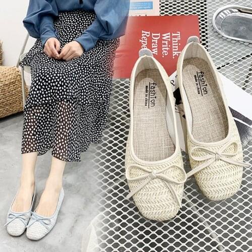 Woven Shoes for Woman Flats Slip on Comfort Flat Shallow Casual Straw Shoes Bow Knot Round Toe Shoes Women Flats Single Shoes
