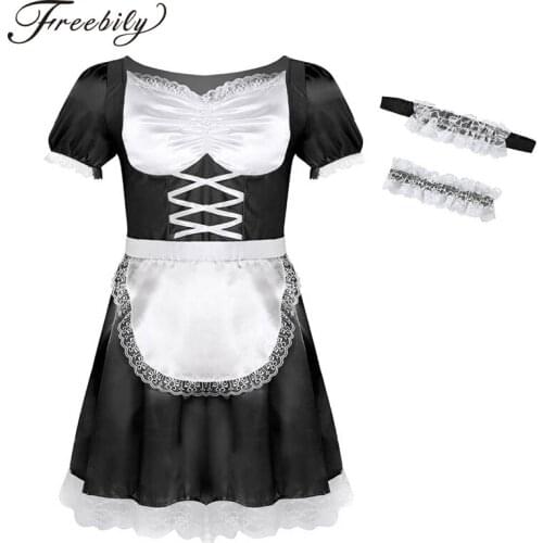 Sexy Male Mens Sissy Maid Uniform Fancy Cosplay Party Dress Costume Short Sleeve Satin Babydoll Hot Erotic Lingerie For Male