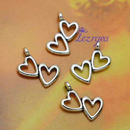 50pcs/lot--10x18mm, heart charms, Antique silver plated Double Hearts charms,DIY supplies, Jewelry accessories