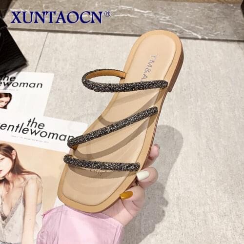 Slippers Women Summer Female Shoes Low Slides Jelly Flip Flops Fashion 2021 Beach Flat Glitter Luxury Rubber Hoof Heels Crystal