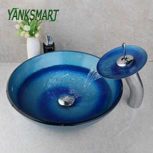 YANKSMART Tempered Glass Round Blue Hand Painting Washbasin Counter Top Basin Faucet Set Bathroom Cold & Hot Mixer Tap