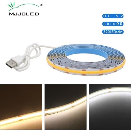 DC 5V USB COB LED Strip Light 10mm 320LEDs RA90 0.5M 1M 2M 3M High Density Flexible Warm Cold White Natural White LED Tape Lamp