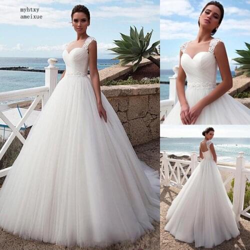 Tulle A-line Beach Plus Size Wedding Dress 2020 Beaded Lace Appliques Crystals Belt Bridal Gowns Luxury Vestido De Noiva Alibaba
