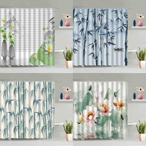 Chinese Style Shower Curtain Ink Bamboo Flowers Bird Pink Lotus Plum Blossom Bathroom Bathtub Decor Screen Washable With Hooks