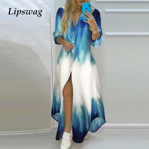 Women Summer Striped Split Maxi Dress Casual Turn-Down Collar Button Shirt Long Dress Ladies Elegant Long Sleeve Party Dresses