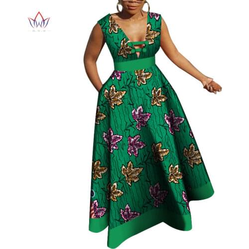 Bazin Riche African Dresses for Women Dashiki Patchwork Wax Print Evening Long V-neck Dresses Women African Clothing WY4176