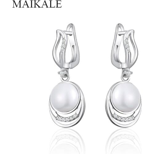 MAIKALE Trendy Geometric Drop Earrings with Pearls Paved AAA Cubic Zirconia Pearl Earrings for Women Jewelry Accessories
