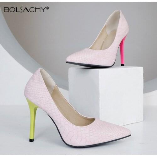 2021 new Pumps Women 10cm Pink Pointed Toe Pumps Stiletto Heels PU Leather/Denim Shallow Dress Shoes Wedding Party Heels 32-43