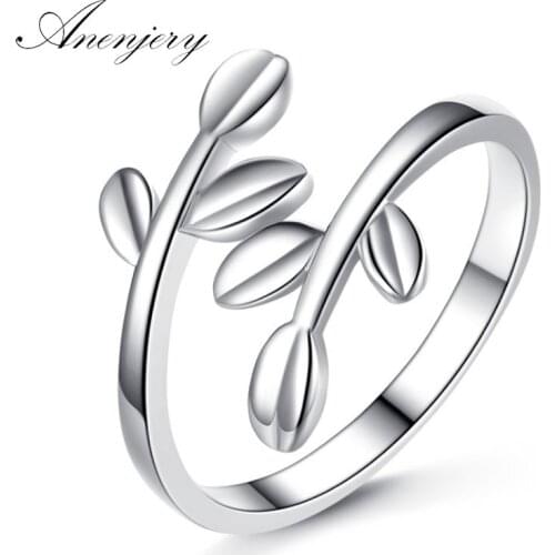 ANENJERY 925 Sterling Silver New Fashion Tree Leaves Olive Maiden Opening Rings For Women anel bague femmev gift S-R74