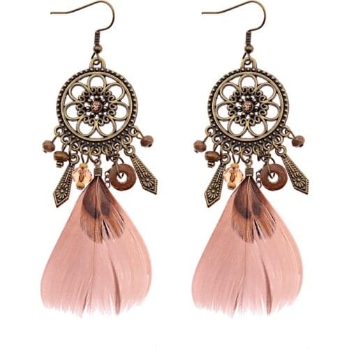 2020 New Design Bohemian Boho Hollow Flower Dream Catcher Round Bead Feather Women Hook Earrings HQE423