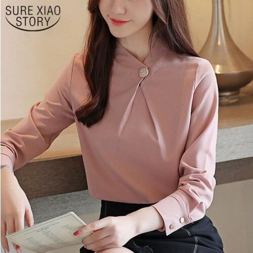 2021 Spring New Loose Slim Ladys Shirt Long Sleeve Stand Collar Elegant Chiffon Blouse Women Solid Color White Blouse 9041 50