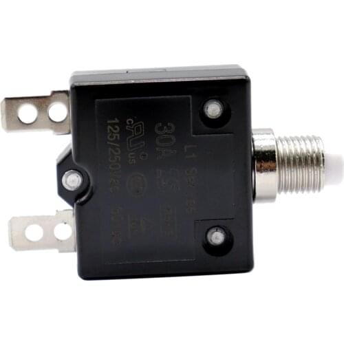 30 Amp Push Button Circuit Breaker 50V DC or 250V AC, Mounts in 3/8 inch (10 mm) Round Hole, Black Button Cap