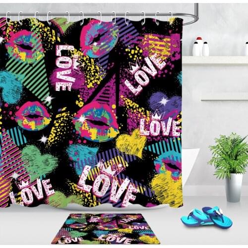 Valentines Day Graffiti Shower Curtains Love Heart Sexy Lips Print Bathroom Curtain Waterproof Fabric Bath Curtains or Door Mat