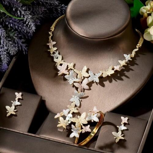 HIBRIDE Elegant Cubic Zirconia 4pcs 3 Tones Necklace and Earring Sets for Women Bridal Accessories Nigeria Wedding bijoux N-1874