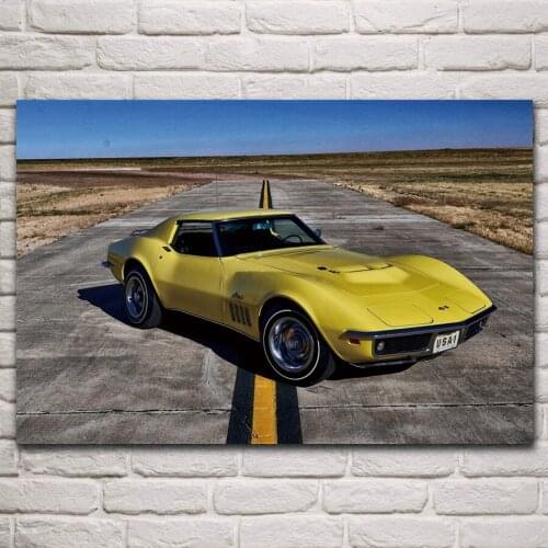 Classic yellow roaster 1969 retro sport cars vehicle fanart living room home decor wall art print wood frame fabric poster KN950