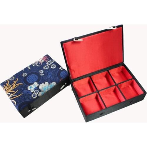 Chinese Handmade Classic Silk Rectangle 6 Square Jewelry Box Compartment