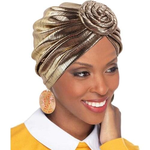Fashion Turban Women Metallic Top Knot Turban Muslim Hijab Solid Color Lady Headwear Inner Islamic Head Cover Hair Accessories