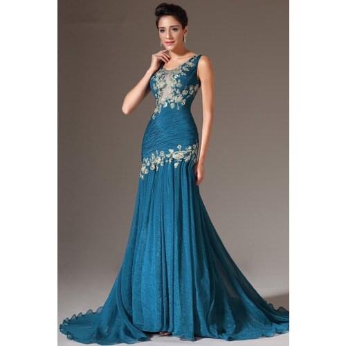 Blue Evening Dresses Mermaid Chiffon Lace Beaded Plus Size Long Formal Party Evening Gown Prom Dresses Robe De Soiree