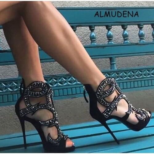 Women Sexy Bling Bling Crystal High Heel Sandals Shiny Leather Bridal Gold Plated Hollow Out Suede Wedding Sandal Shoes