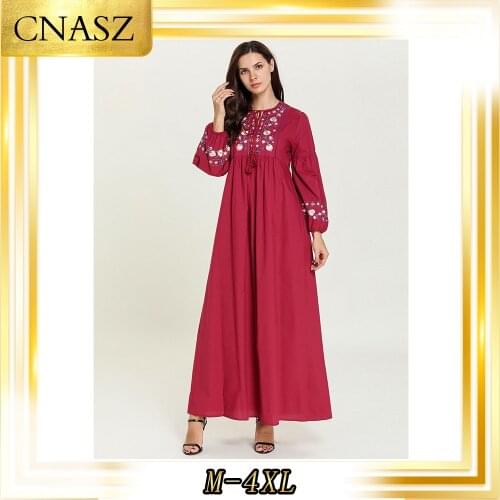 Vetement Femme 2019 Large Size Autumn Abaya Turkish Embroidered Long Sleeve Fashion Casual Musulmane Femme Dress
