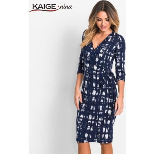 KaigeNina New Fashion Hot Sale Women Flower Natural Simple Printing Cloth V-Neck Mid-Calf knitting cotton Dress 18003 a
