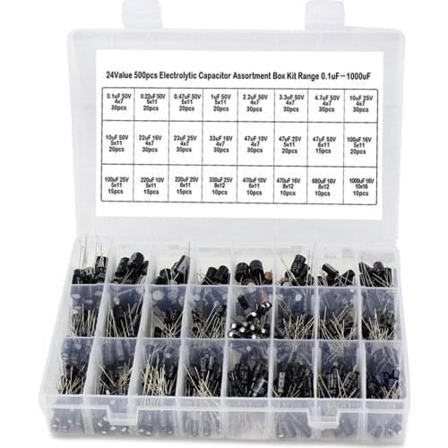 500Pcs/lot diy 0.1UF-1000UF 24Values Aluminum Electrolytic Capacitors 16-50V mix Electrolytic capacitor Assorted kit set box
