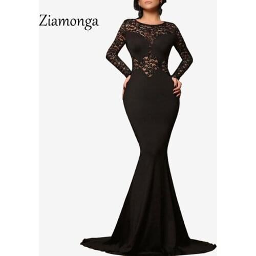 Ziamonga 2017 Black Long Sleeve lace Mermaid Maxi Dress Sexy Evening Party Gowns Long Dress Robe De Soiree Longue Vestidos Largo