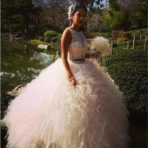 Two Pieces Quinceanera Dresses With Cascading Ruffles Jewel Beaded Crystal Prom Dresses Junior Long Ball Gown Sweet 16 Dress