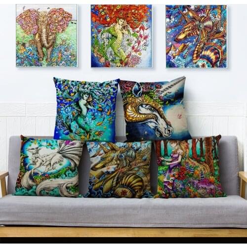 Colorful Oil Painting Animal Owl Unicorn Cushion Cover Sofa Home Decor Pillowcase 45*45cm Linen Pillow Covers Throw Pillows Case