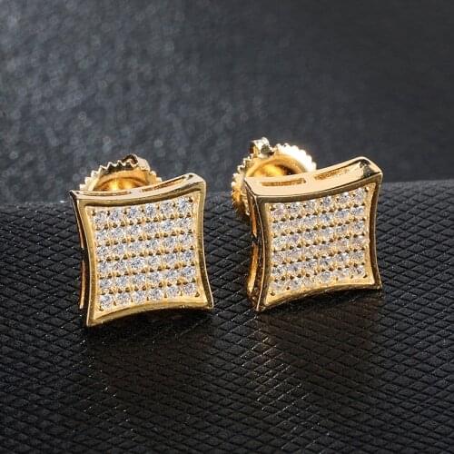 D&Z Hip Hop Micro Paved CZ Square Gold Stud Earrings Bling Iced Out Brincos For Men Women Street Jewelry Gifts