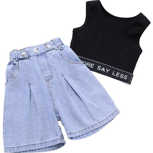 Summer Girls Denim Suit Cool Handsome Jazz Letter Vest + Jeans 2pcs Child Casual Clothing