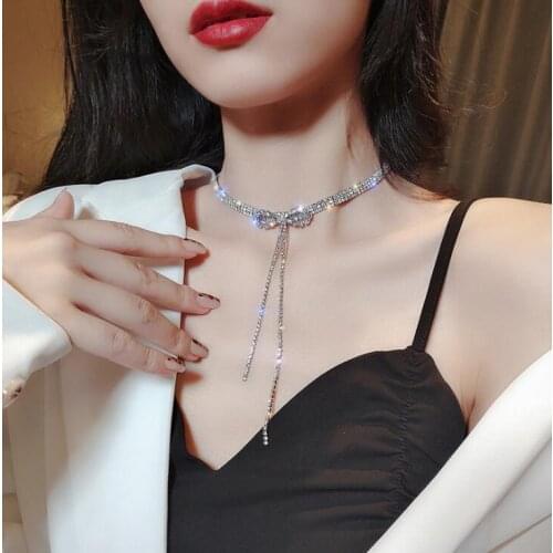 Fashion Rhinestone Chain Bow necklace Crystal Sexy clavicle chain fringe Long necklace Jewelry
