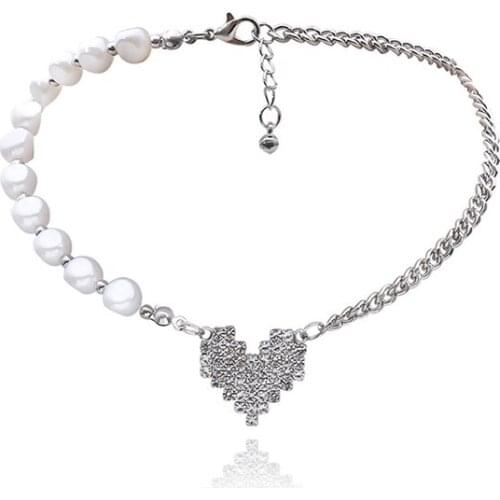 Fashion Imitation Pearl Crystal Lover Heart Pendant Choker Necklace Rhinestone Gothic Minimalist Chain Necklace Female Jewelry