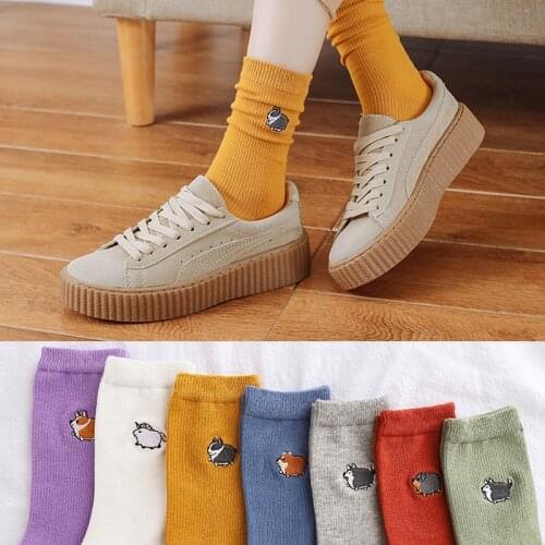 3 Pairs Lot Spring New Women Cotton Long Socks Japanese Cartoon Embroidery Dog Socks Cute Candy Color High Quality Gift Socks